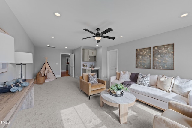 262 Hook Dr Lot 12, Fuquay Varina, NC 27526 - living room with light colored carpet, recessed lighting, a ceiling fan, and baseboards