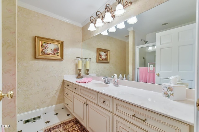 304 Homestead Rd Rd, Chapel Hill, NC 27516 - bathroom featuring vanity, a shower with door, ornamental molding, and wallpapered walls