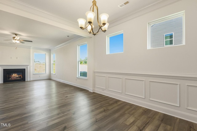 unfurnished living room with crown molding, dark hardwood / wood-style flooring, and ceiling fan with notable chandelier