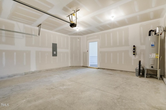 garage featuring electric panel, a garage door opener, and water heater