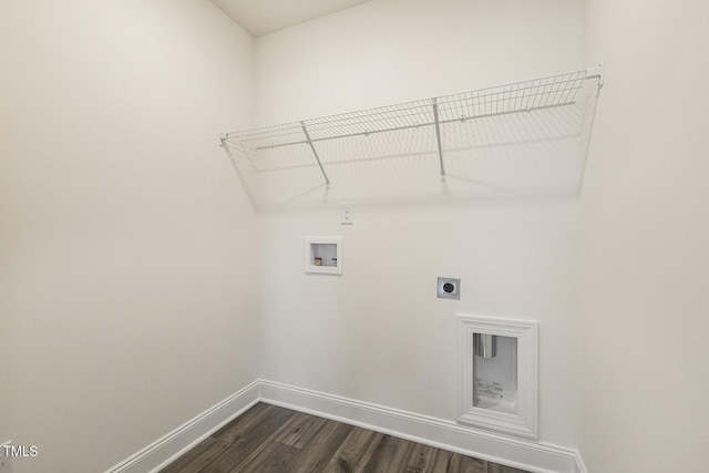 laundry area with washer hookup, electric dryer hookup, and dark wood-type flooring