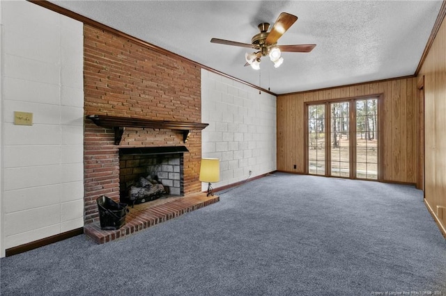 5027 Lake Willett Rd, Sanford, NC 27332 - unfurnished living room with crown molding, a ceiling fan, carpet flooring, and a textured ceiling