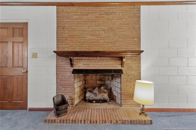 5027 Lake Willett Rd, Sanford, NC 27332 - interior details with a brick fireplace, baseboards, and carpet floors