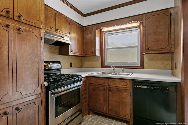 5027 Lake Willett Rd, Sanford, NC 27332 - kitchen featuring a sink, under cabinet range hood, dishwasher, ornamental molding, and gas stove