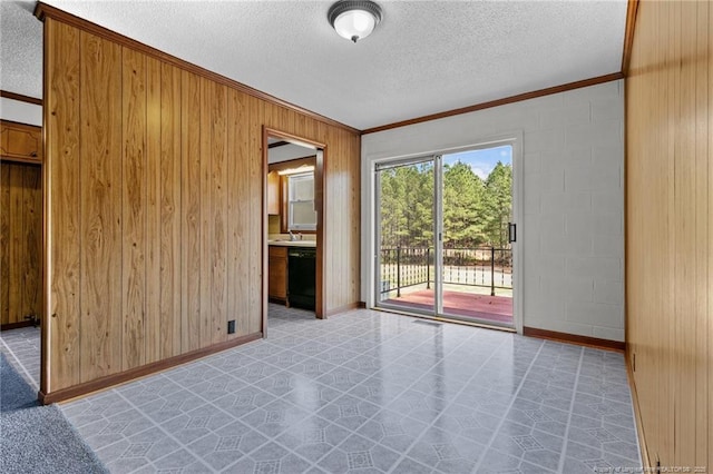 5027 Lake Willett Rd, Sanford, NC 27332 - empty room featuring a sink, a textured ceiling, baseboards, wood walls, and ornamental molding