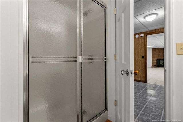 5027 Lake Willett Rd, Sanford, NC 27332 - bathroom with tile patterned floors, a drop ceiling, and a stall shower