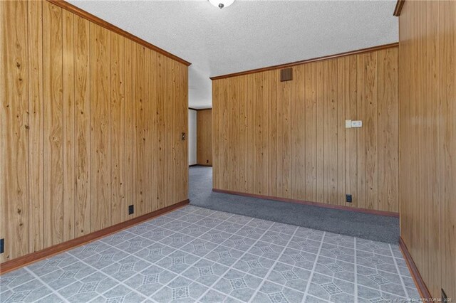 5027 Lake Willett Rd, Sanford, NC 27332 - carpeted spare room with visible vents, baseboards, wood walls, and a textured ceiling