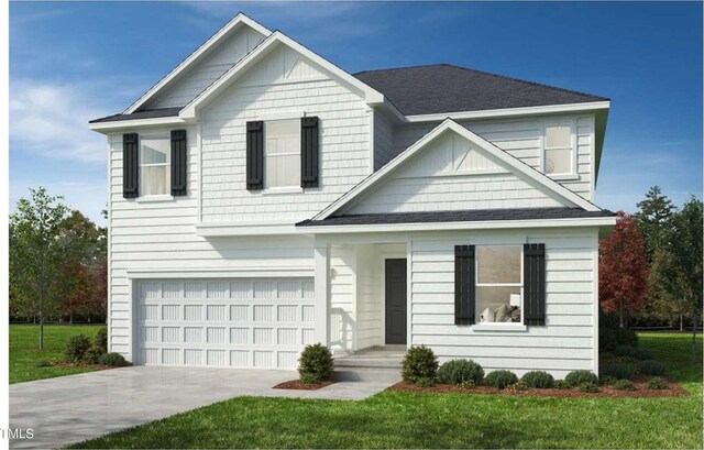 view of front of house with concrete driveway, a front lawn, roof with shingles, and an attached garage