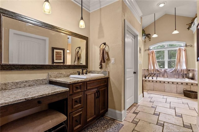 bathroom with a relaxing tiled bath, tile floors, vaulted ceiling, and large vanity