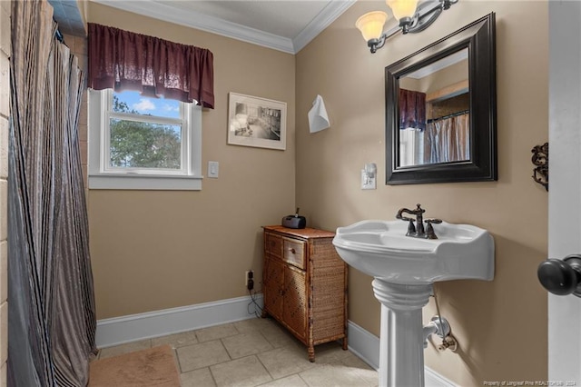 bathroom featuring tile floors and crown molding