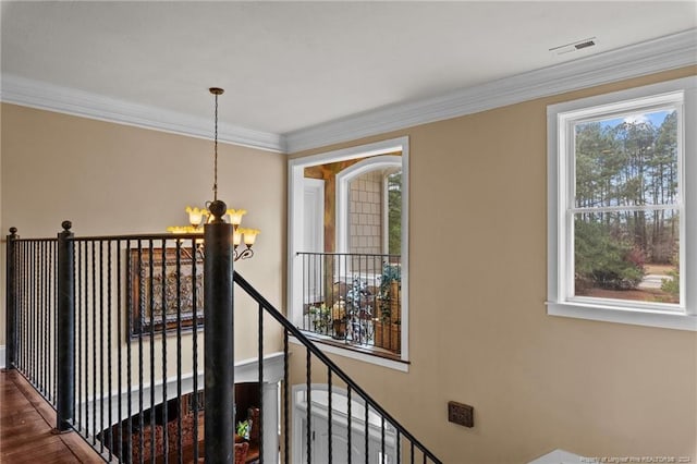 hall featuring a chandelier, crown molding, and dark hardwood / wood-style floors