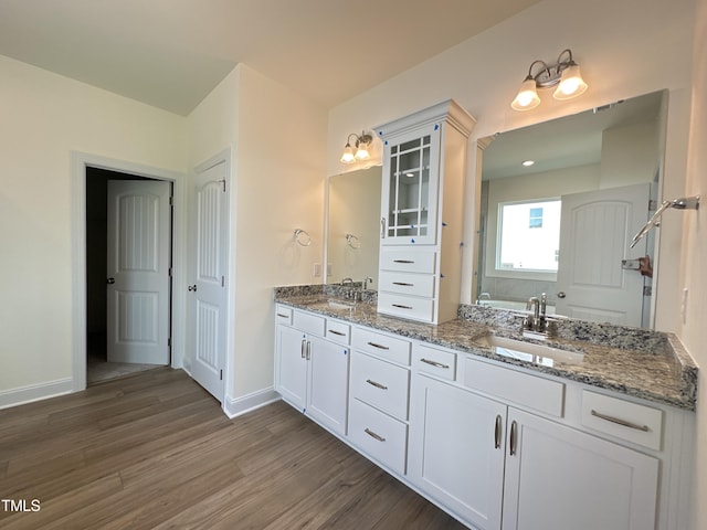 bathroom featuring double vanity, wood finished floors, a sink, and baseboards