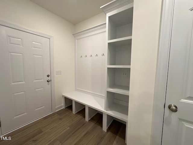 mudroom with dark wood-style floors