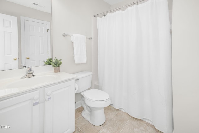 full bath featuring visible vents, toilet, a shower with curtain, tile patterned floors, and vanity