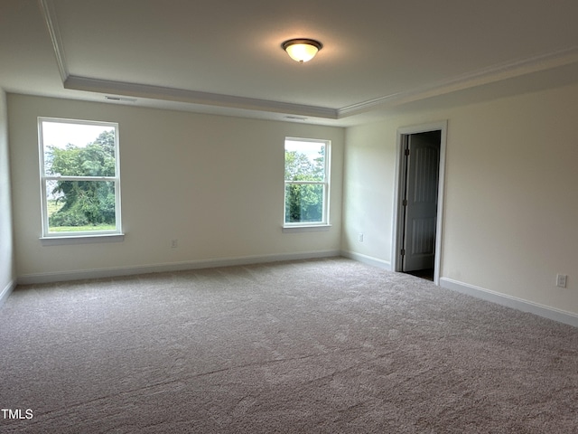 empty room featuring carpet floors, ornamental molding, a raised ceiling, and baseboards