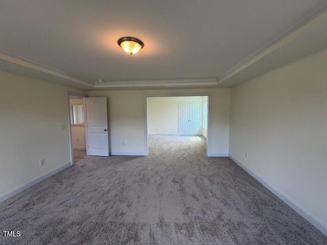 123 Sage Ln Unit 010, Four Oaks, NC 27524 - empty room featuring a tray ceiling, carpet, baseboards, and ornamental molding