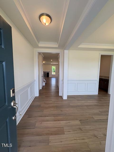 123 Sage Ln Unit 010, Four Oaks, NC 27524 - hall with a raised ceiling, a decorative wall, wainscoting, crown molding, and wood finished floors