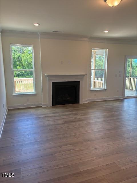 123 Sage Ln Unit 010, Four Oaks, NC 27524 - unfurnished living room featuring crown molding, baseboards, a fireplace, wood finished floors, and recessed lighting