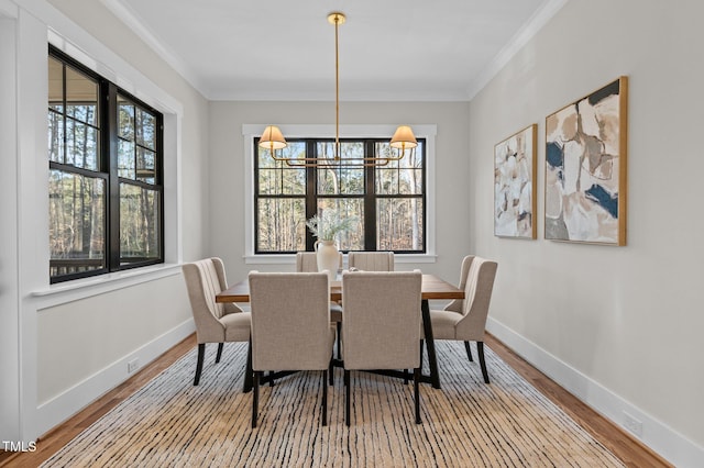 dining space featuring baseboards, wood finished floors, and crown molding