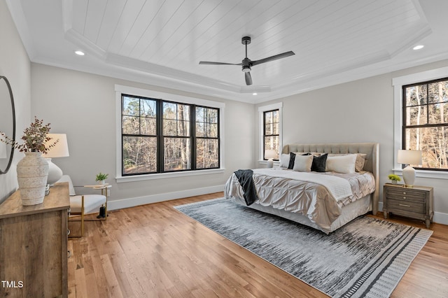 bedroom featuring multiple windows, baseboards, and a raised ceiling