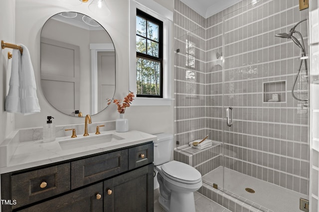 bathroom featuring vanity, a shower stall, and toilet