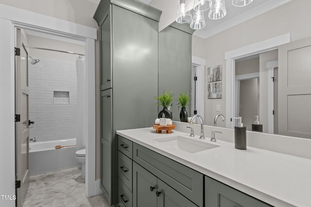 bathroom featuring shower / tub combo, toilet, tile patterned flooring, crown molding, and vanity