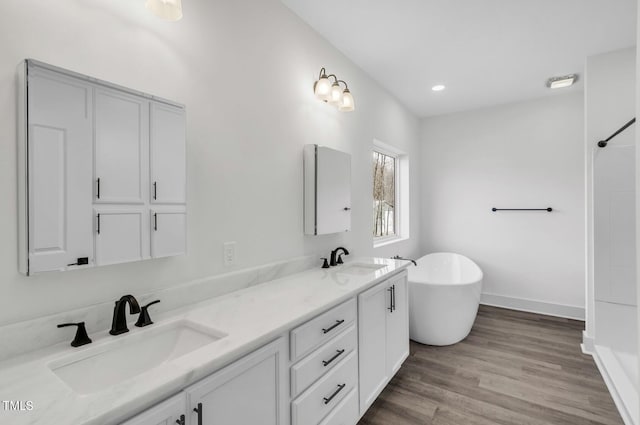 bathroom with dual vanity and hardwood / wood-style floors