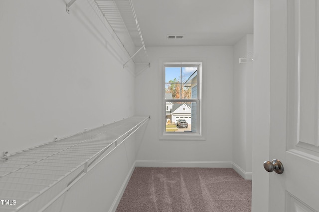 walk in closet featuring light carpet