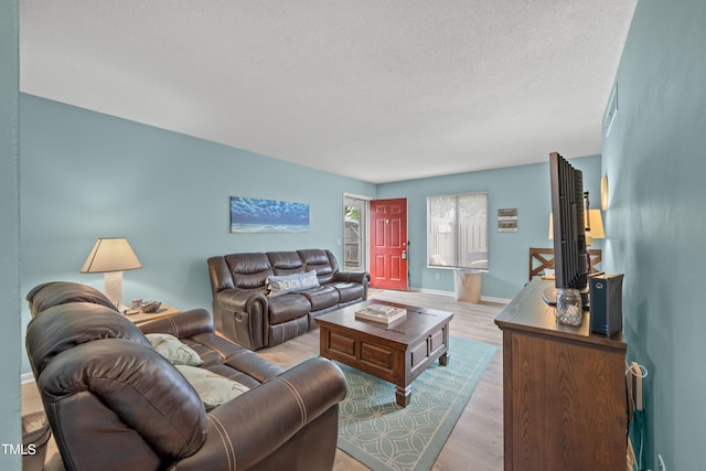 living room featuring light hardwood / wood-style flooring and a textured ceiling