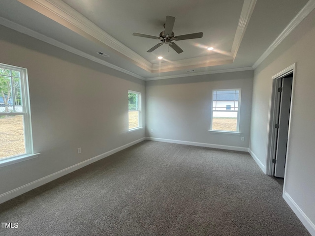 carpeted empty room featuring ceiling fan, a wealth of natural light, and a tray ceiling