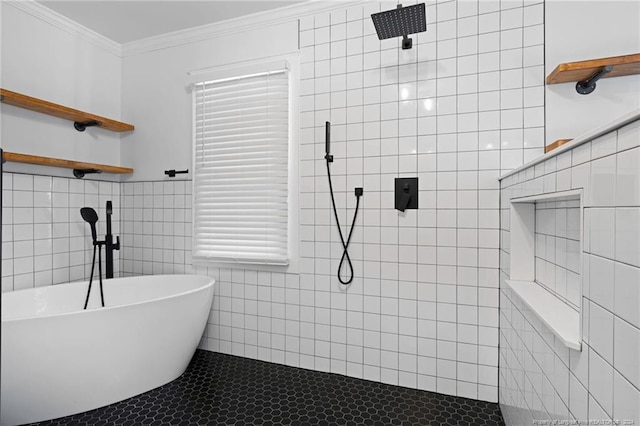 bathroom featuring plus walk in shower, tile floors, and tile walls