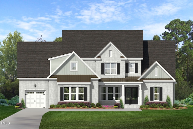 view of front facade featuring a garage, brick siding, concrete driveway, and a front yard