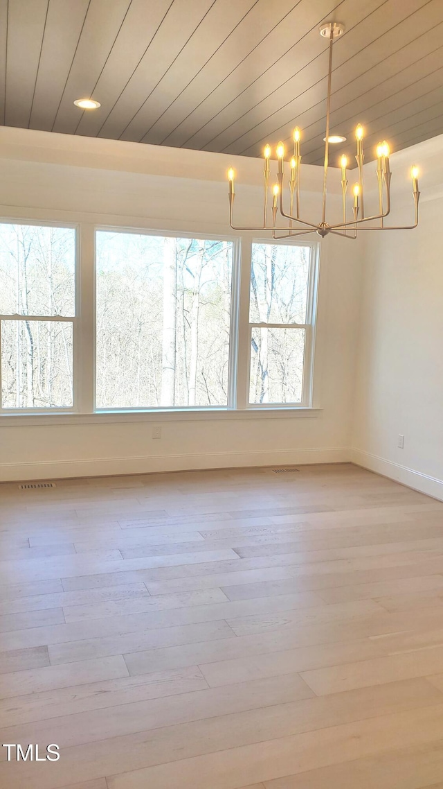 unfurnished room with wooden ceiling, visible vents, baseboards, and wood finished floors