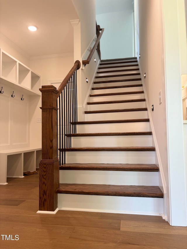 stairway with ornamental molding and hardwood / wood-style floors