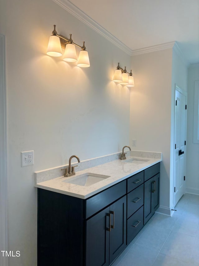 bathroom featuring vanity, crown molding, and tile patterned floors