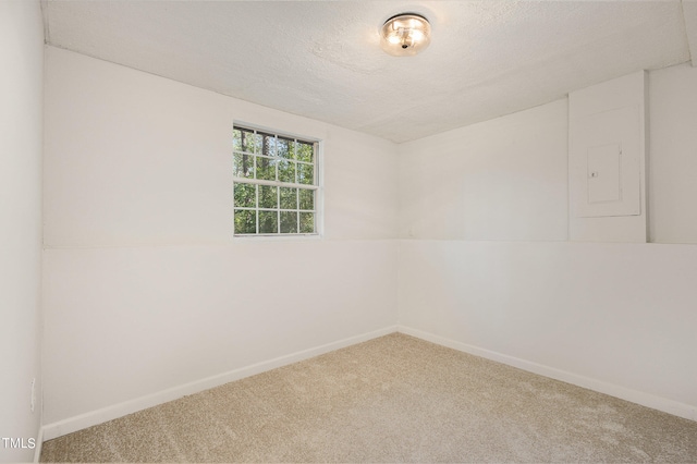 empty room featuring a textured ceiling, electric panel, and carpet flooring