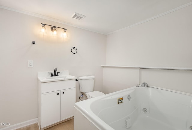 bathroom with hardwood / wood-style flooring, toilet, a tub to relax in, ornamental molding, and vanity