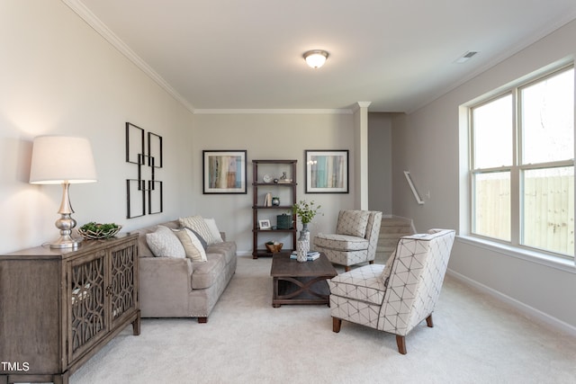 living room featuring crown molding and light colored carpet