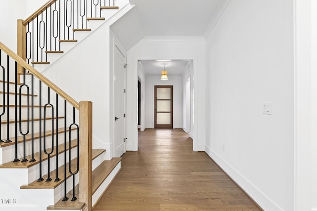 interior space with wood-type flooring and ornamental molding