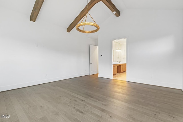 unfurnished living room with hardwood / wood-style floors, beamed ceiling, and high vaulted ceiling