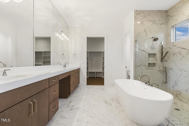 bathroom with vanity and plus walk in shower