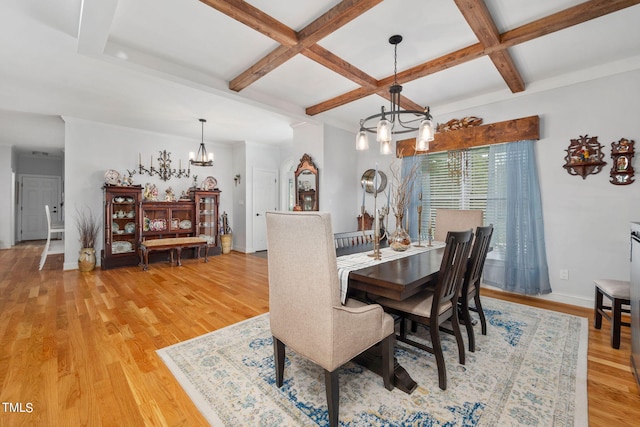 dining room with a chandelier, coffered ceiling, light wood-type flooring, and beam ceiling