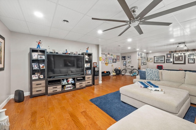 living room featuring ceiling fan, a drop ceiling, and light wood-type flooring