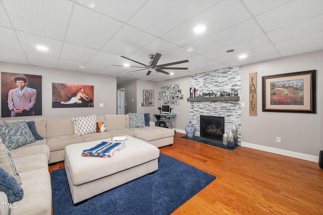 living room with a large fireplace, ceiling fan, a drop ceiling, and light hardwood / wood-style flooring