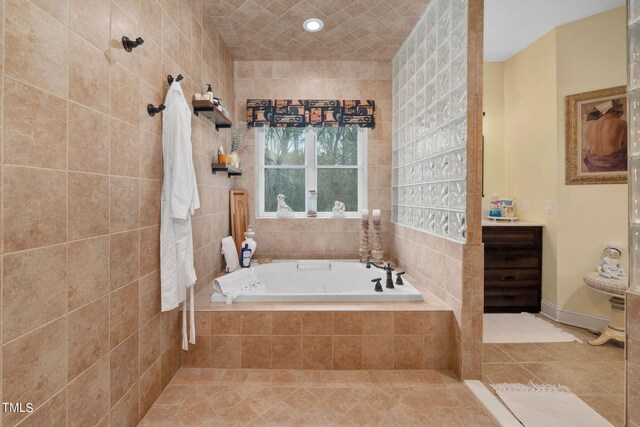 bathroom with plus walk in shower and tile floors