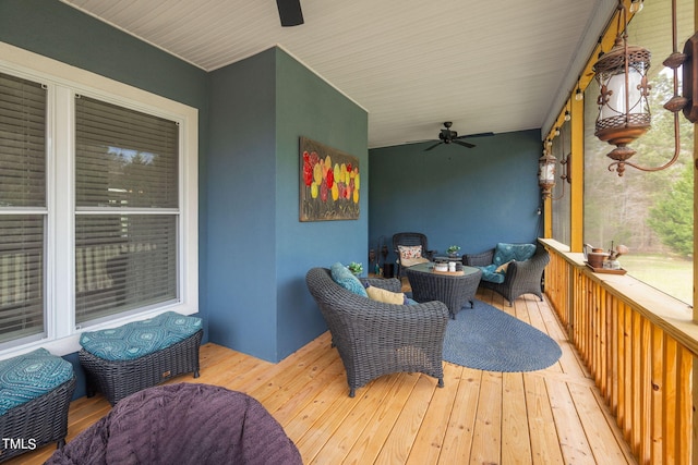 wooden deck with ceiling fan