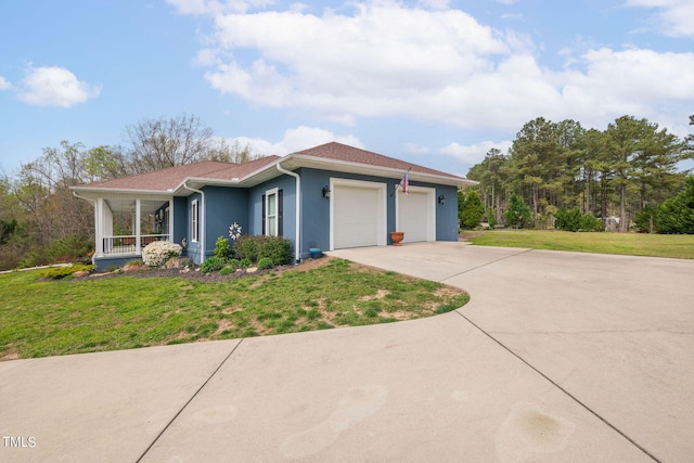 ranch-style house with a porch, a front yard, and a garage