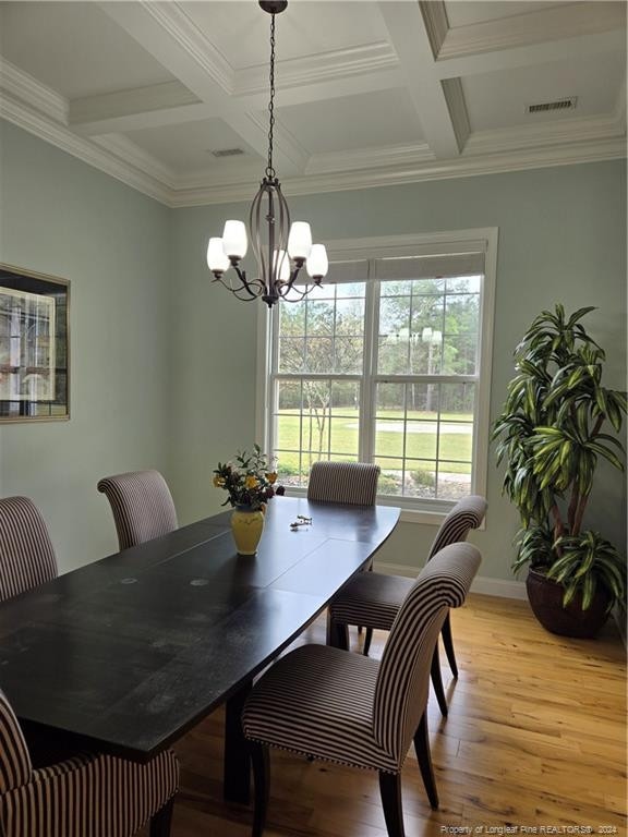 dining area with an inviting chandelier, coffered ceiling, plenty of natural light, and light hardwood / wood-style floors