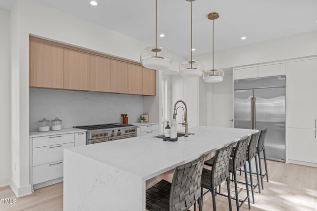 1435 Duplin Rd, Raleigh, NC 27607 - kitchen with high end appliances, modern cabinets, a sink, light wood-style flooring, and recessed lighting