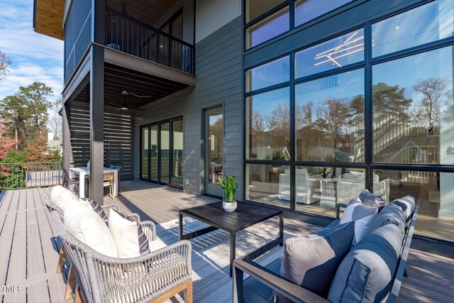1435 Duplin Rd, Raleigh, NC 27607 - wooden deck featuring an outdoor living space and ceiling fan